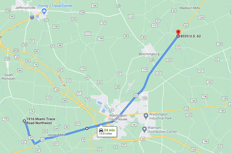 A map showing the route from the band practice location to my home.
