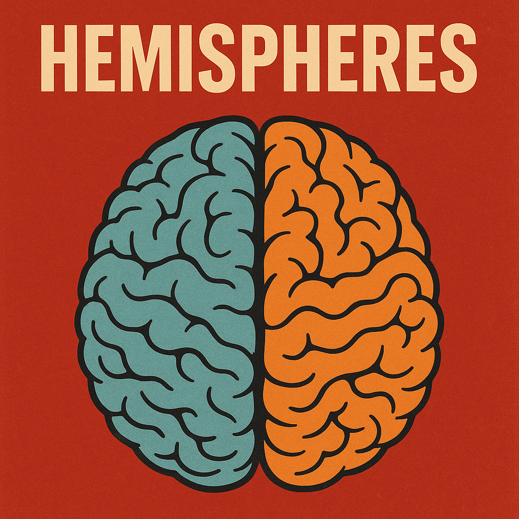 Left hemisphere in blue (analysis), right hemisphere in red (expression)—two halves of a single brain.