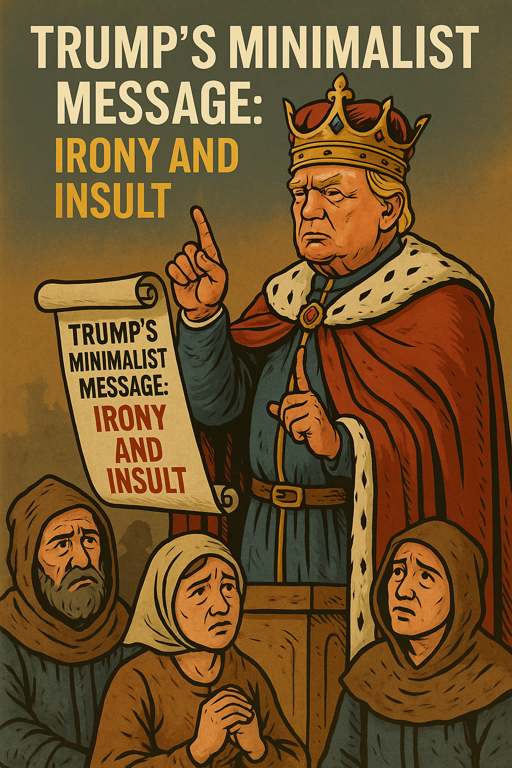 Illustration of Trump as a king addressing peasants